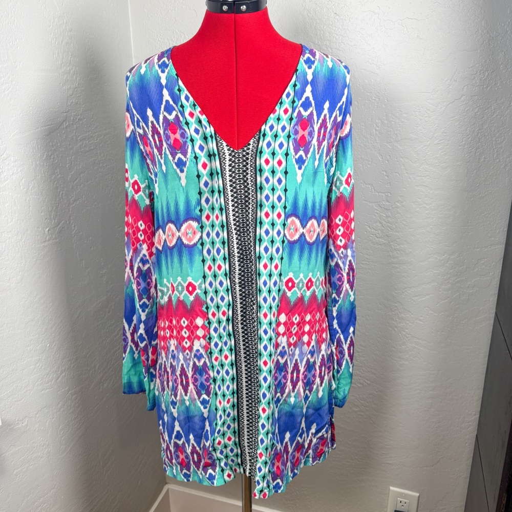 La Blanca Colorful Ikat Print Open Front Cover Up Size M
